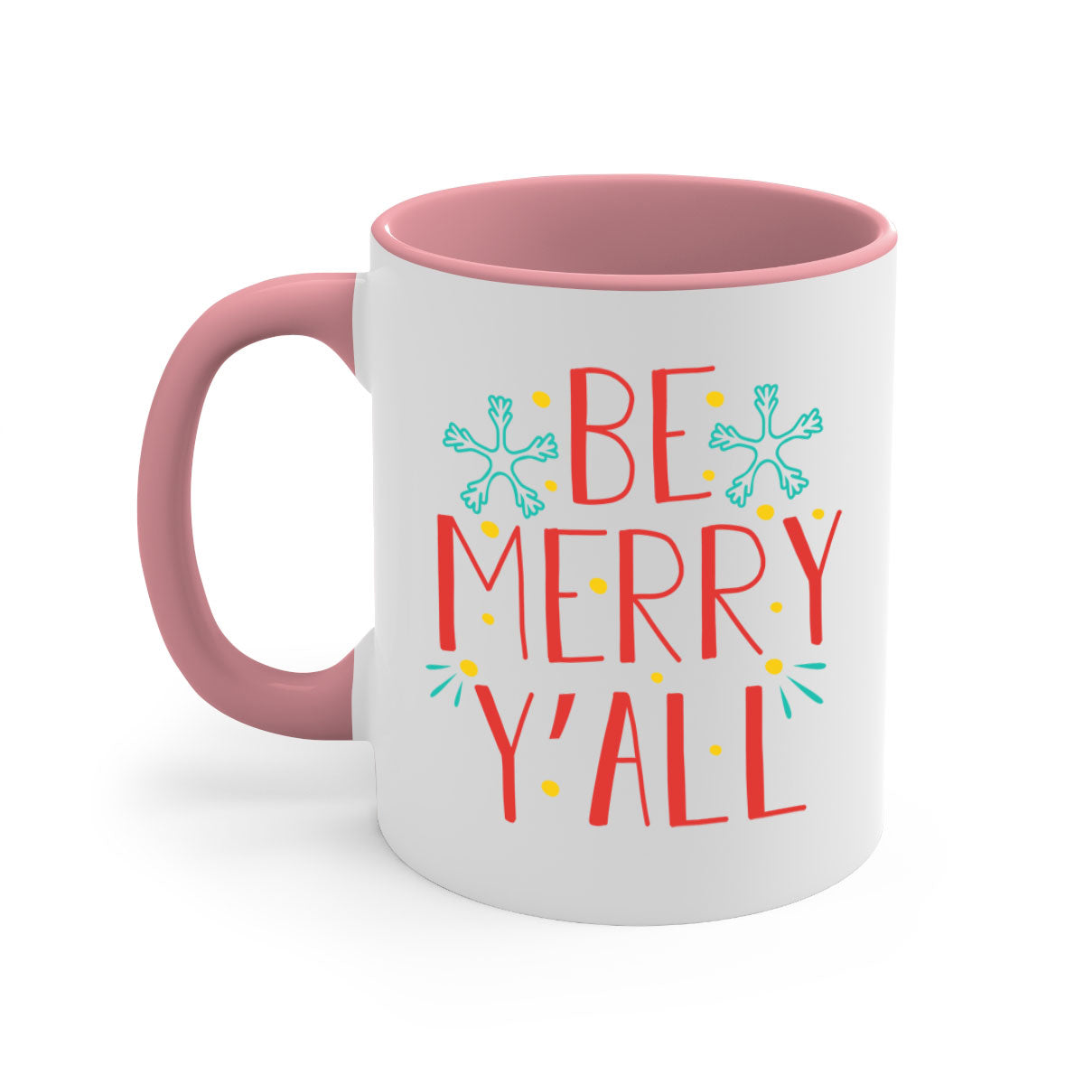 Be Merry Y'all 305# Christmas Mug with a glossy finish, featuring a colored handle and interior, available in five vibrant colors.