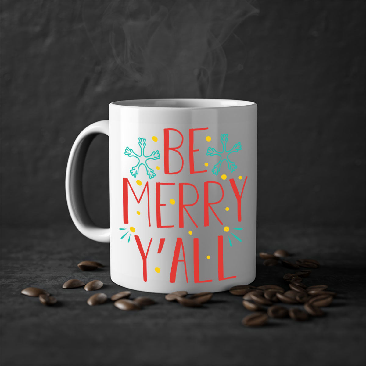 Be Merry Y'all 305# Christmas Mug with a glossy finish, featuring a colored handle and interior, available in five vibrant colors.