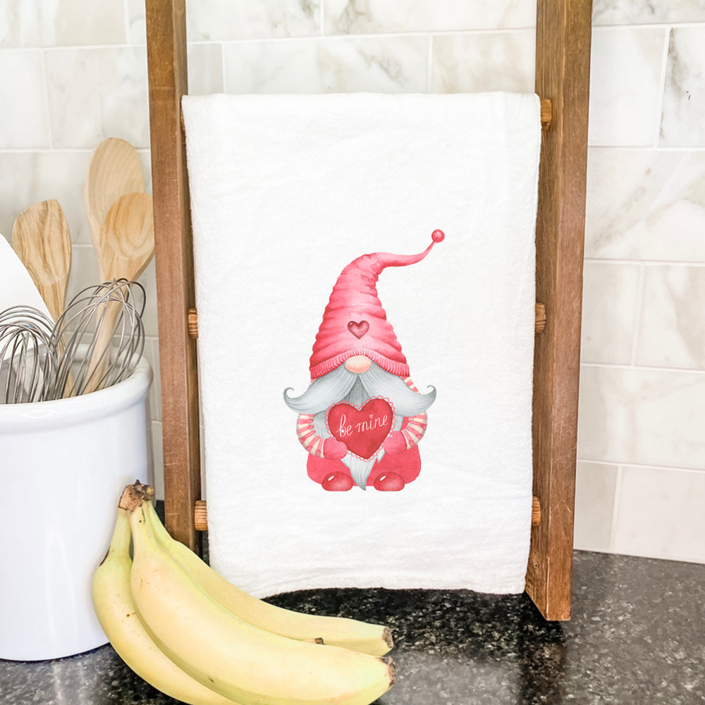 Be Mine Gnome Cotton Tea Towel featuring a vibrant gnome design, made from 100% absorbent cotton, perfect for kitchen use.