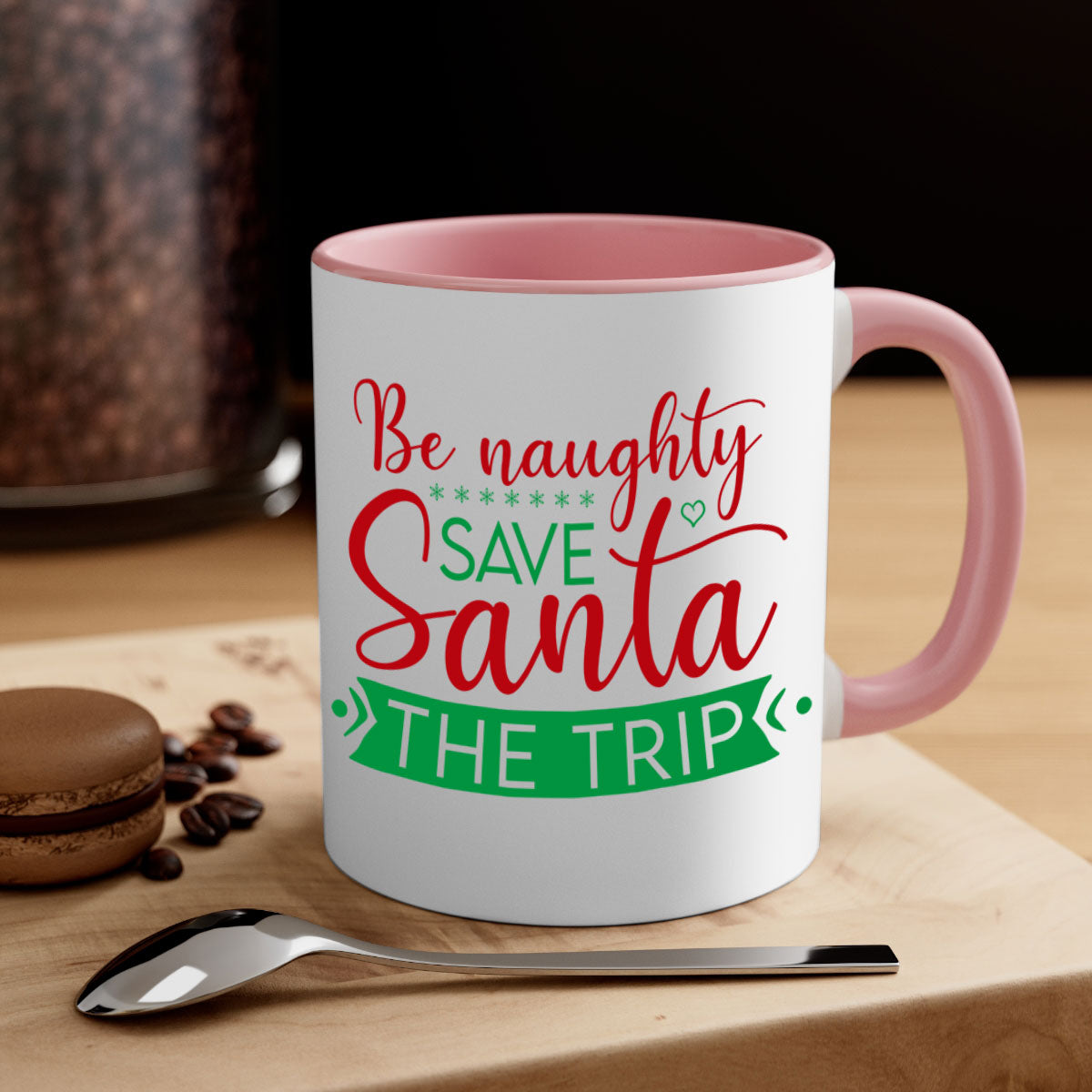 Be Naughty Save Santa the Trip Style 64# Christmas Mug with colorful handle and glossy finish, perfect for coffee or tea.