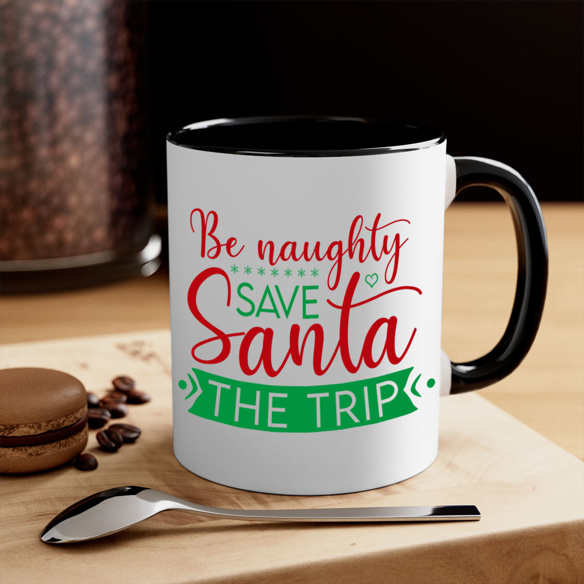 Be Naughty Save Santa the Trip Style 64# Christmas Mug with colorful handle and glossy finish, perfect for coffee or tea.