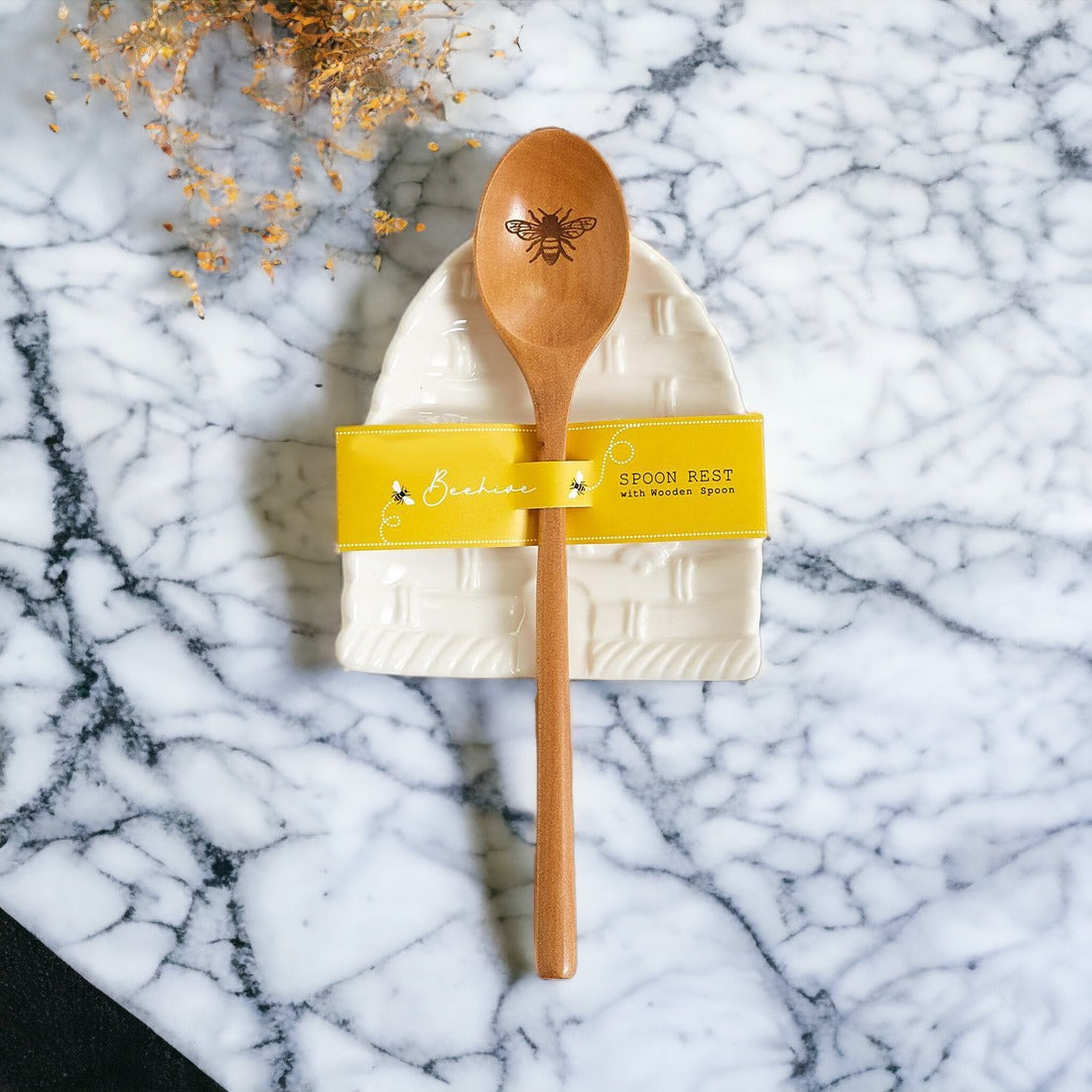 Bee Spoon Rest with a bee skep design and a wooden spoon engraved with a bee icon, perfect for bee lovers.