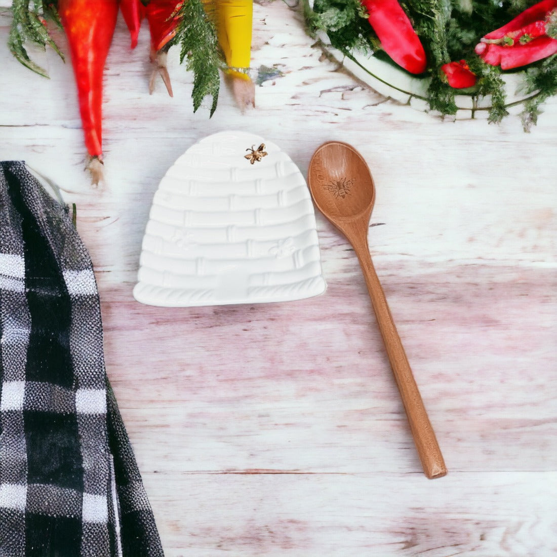 Bee Spoon Rest with a bee skep design and a wooden spoon engraved with a bee icon, perfect for bee lovers.