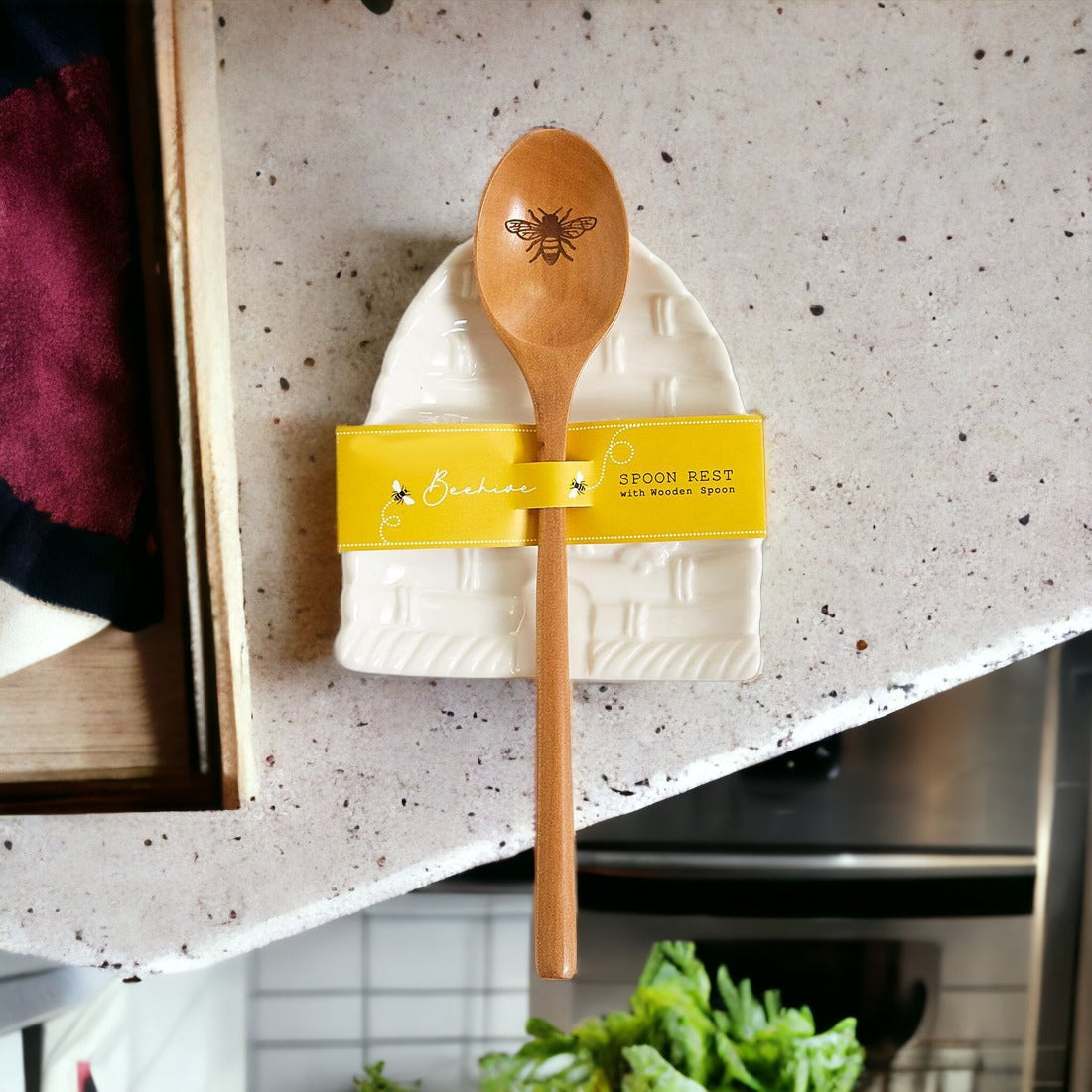 Bee Spoon Rest with a bee skep design and a wooden spoon engraved with a bee icon, perfect for bee lovers.