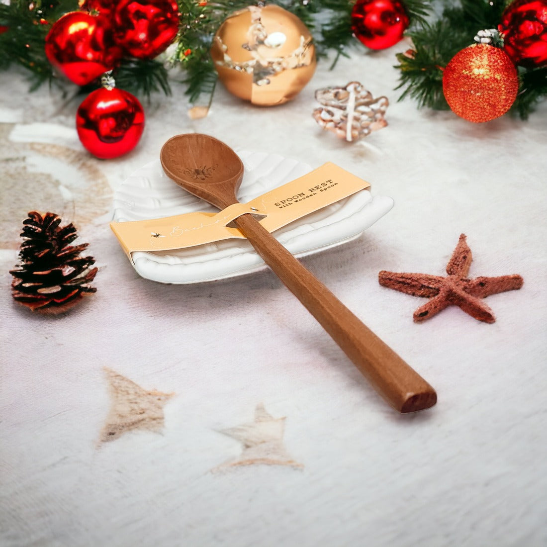 Bee Spoon Rest with a bee skep design and a wooden spoon engraved with a bee icon, perfect for bee lovers.