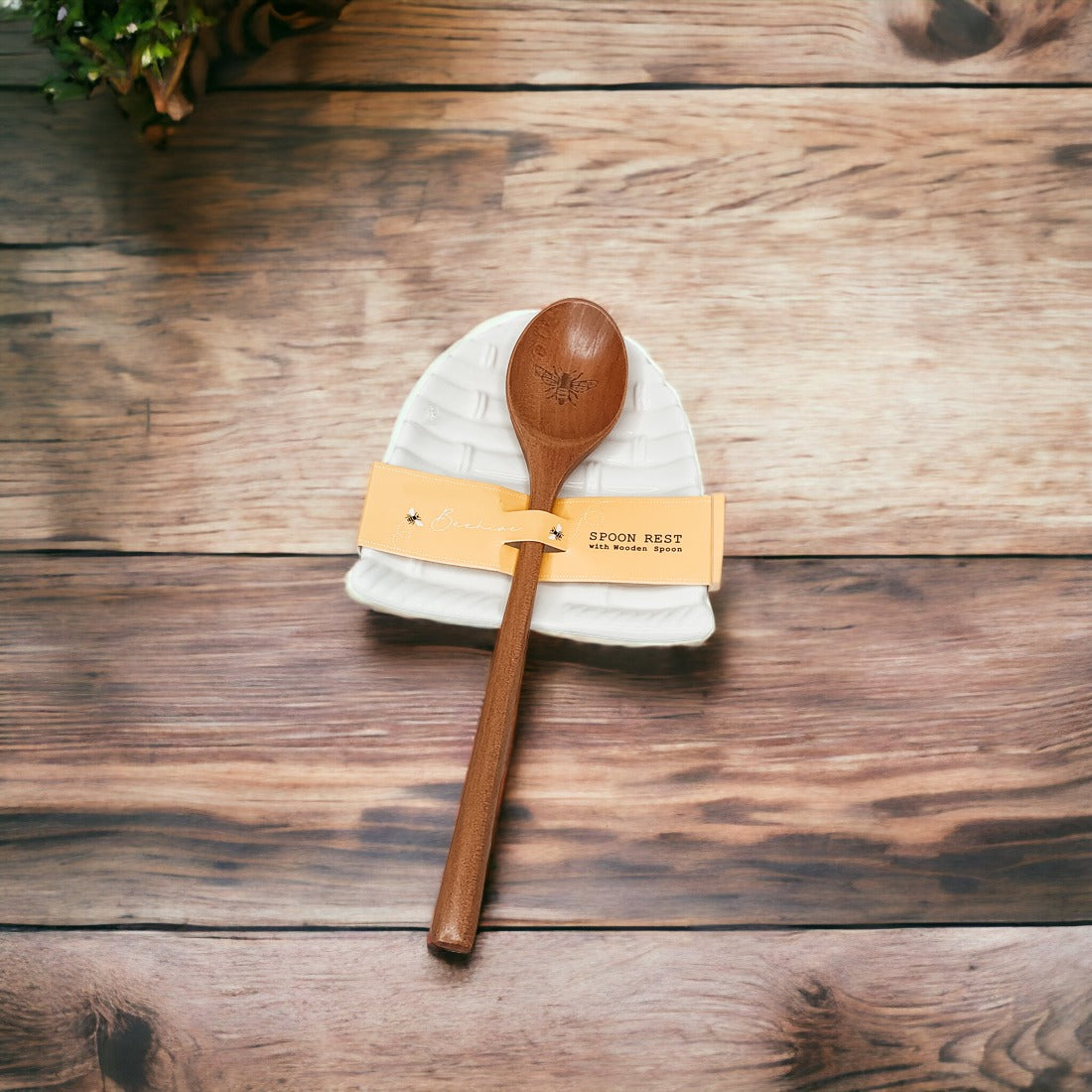 Bee Spoon Rest with a bee skep design and a wooden spoon engraved with a bee icon, perfect for bee lovers.