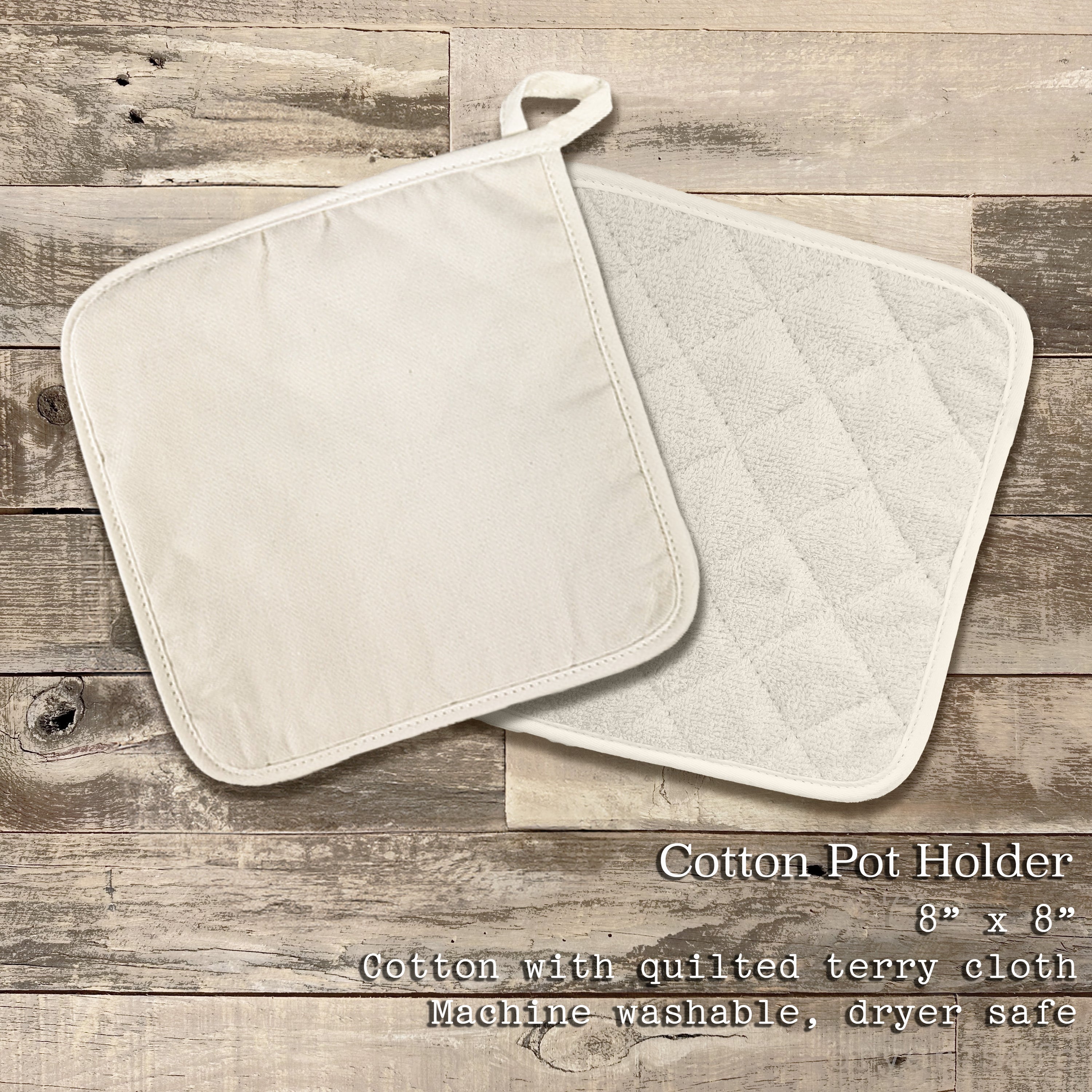 A stylish cotton pot holder in natural color with vibrant printed designs, featuring a quilted terry cloth surface and a convenient hanging loop.