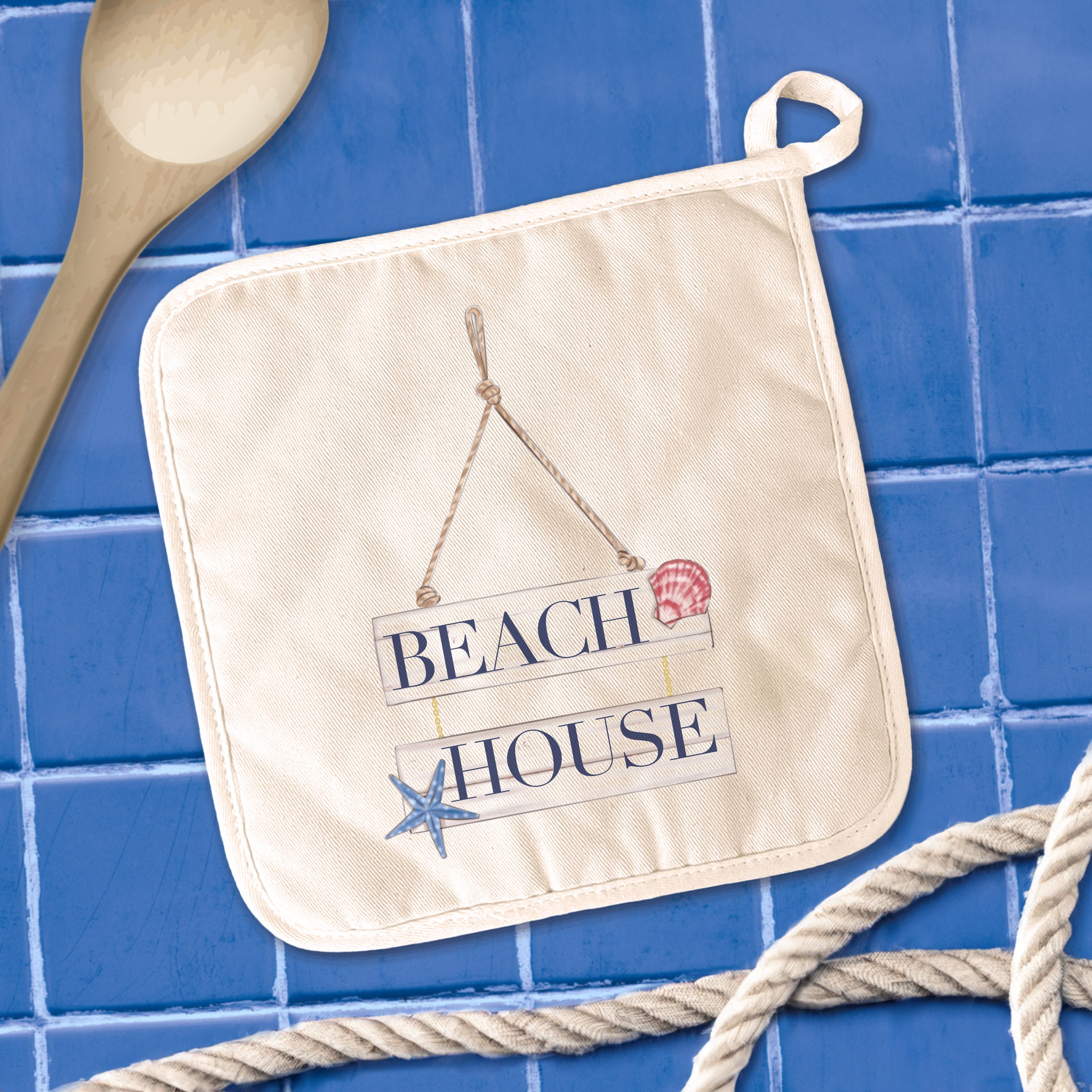 Beach House Cotton Pot Holder in natural color with vibrant printed designs, featuring a quilted terry cloth texture and a hanging loop.