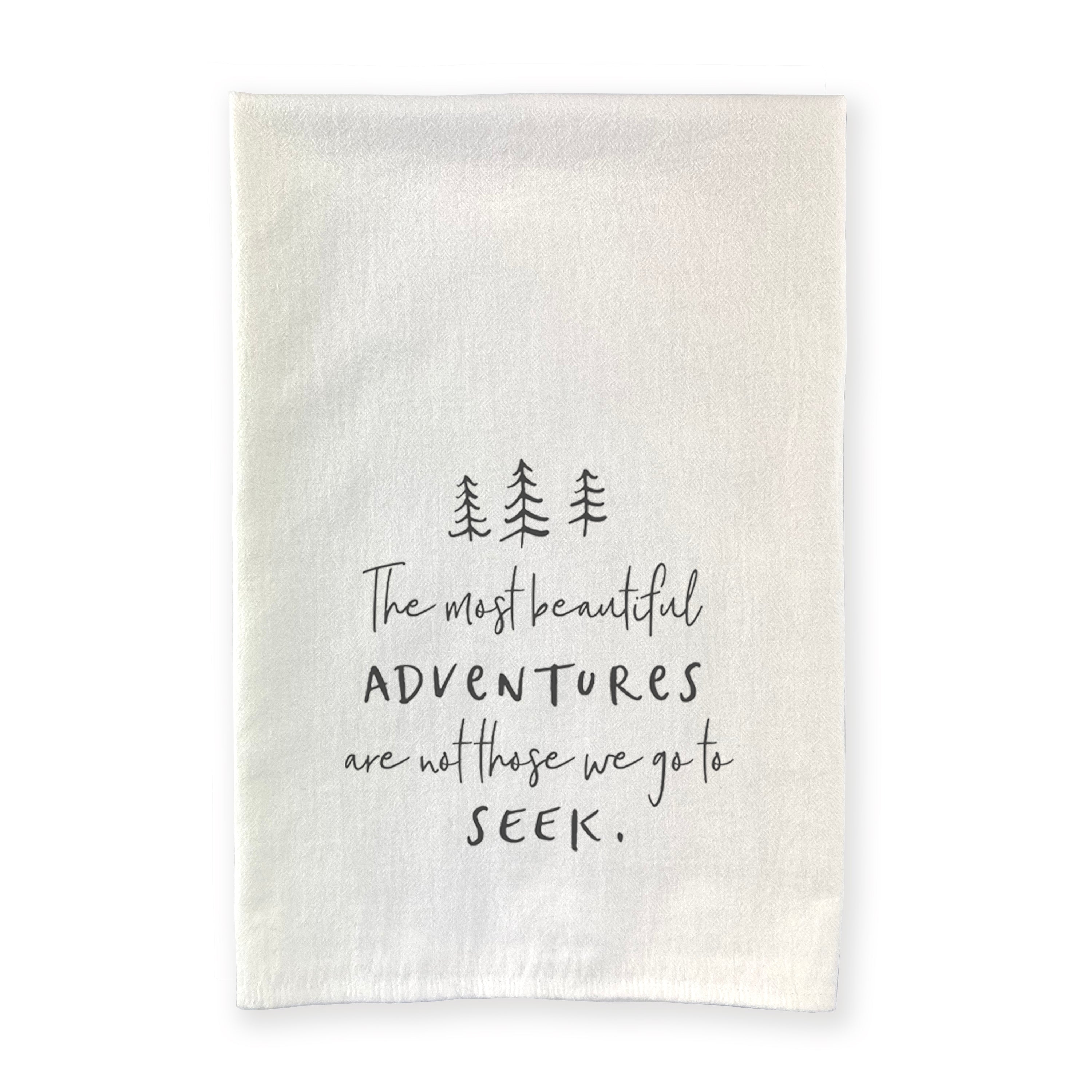 Beautiful Adventures cotton tea towel featuring a vibrant tree design, made from 100% absorbent cotton.