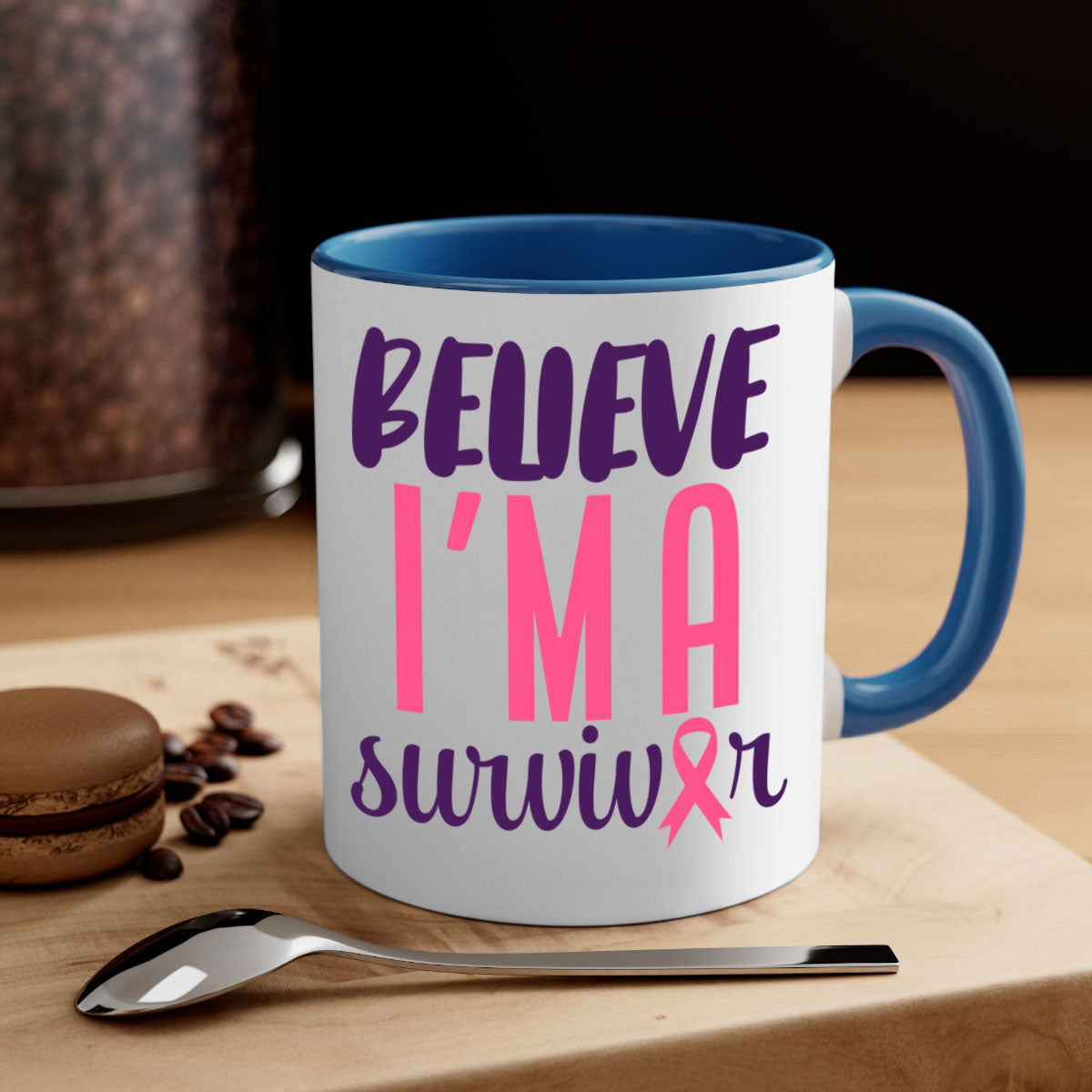 Believe I'm a Survivor Style 16# mug with a two-tone design, featuring a colored handle and glossy finish, available in multiple colors.