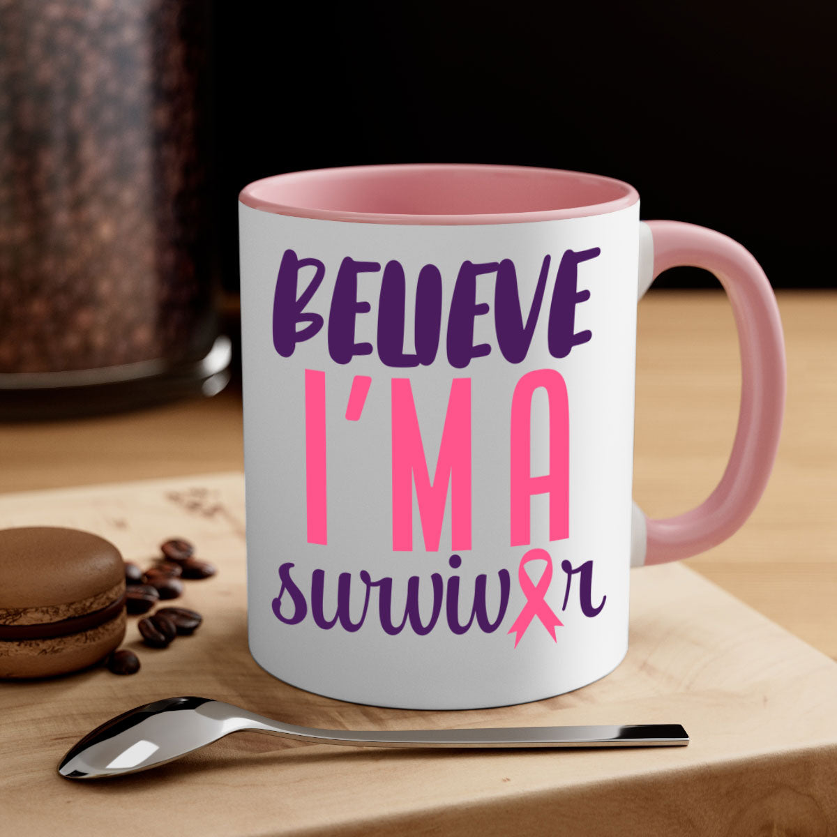 Believe I'm a Survivor Style 16# mug with a two-tone design, featuring a colored handle and glossy finish, available in multiple colors.