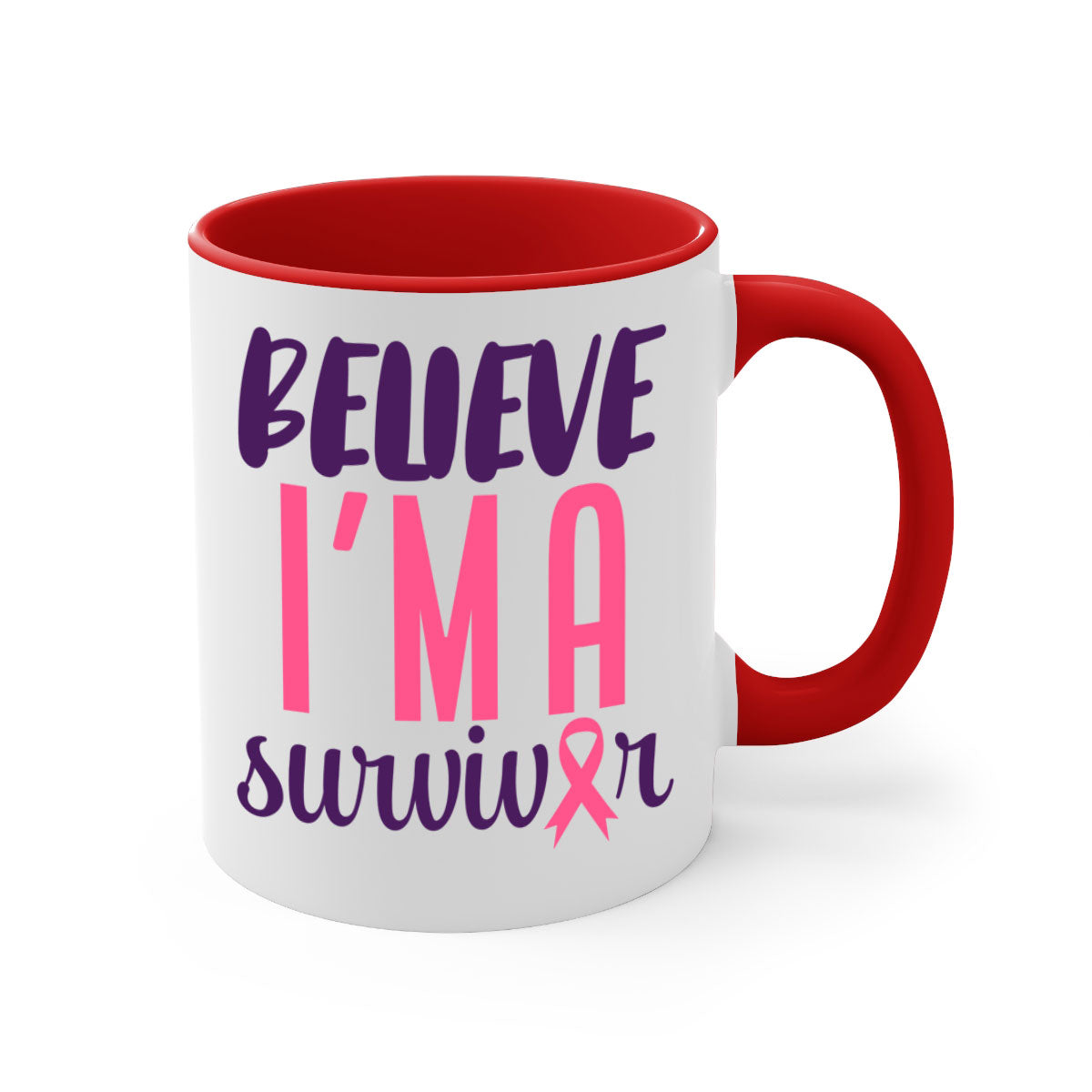 Believe I'm a Survivor Style 16# mug with a two-tone design, featuring a colored handle and glossy finish, available in multiple colors.