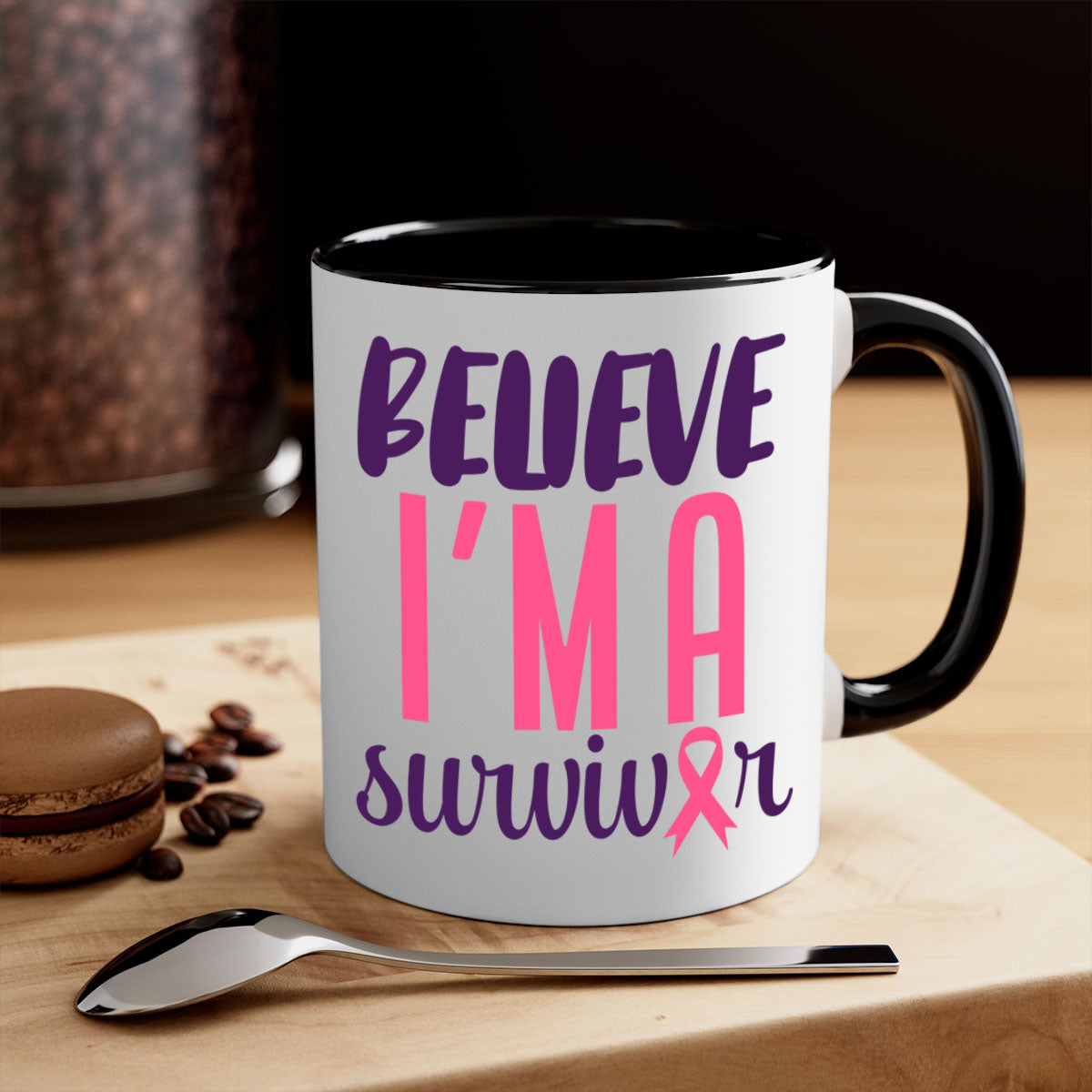 Believe I'm a Survivor Style 16# mug with a two-tone design, featuring a colored handle and glossy finish, available in multiple colors.