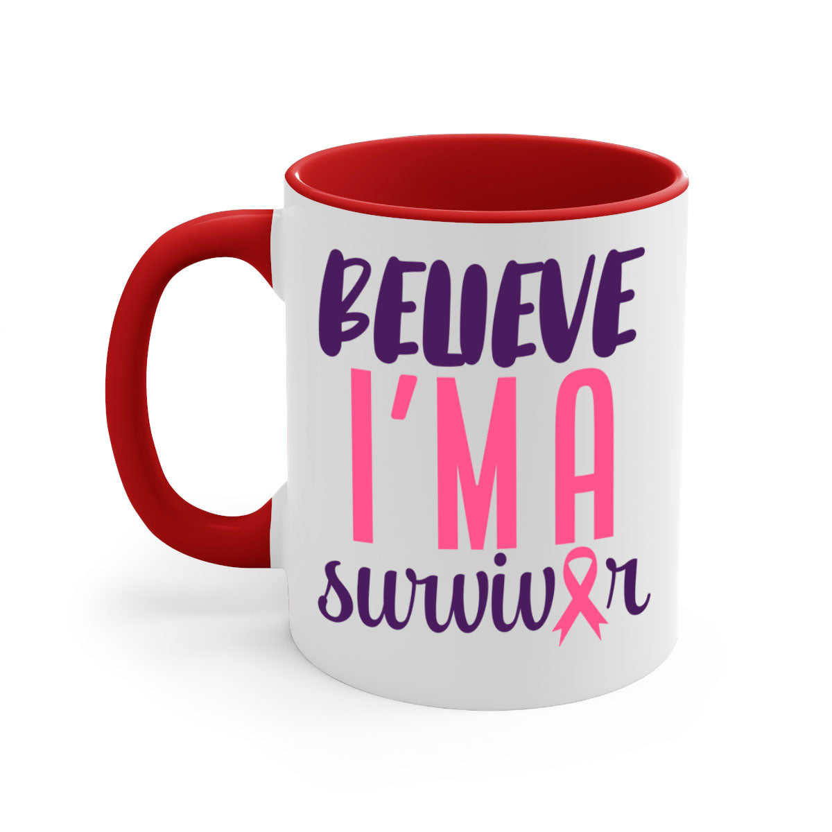 Believe I'm a Survivor Style 16# mug with a two-tone design, featuring a colored handle and glossy finish, available in multiple colors.