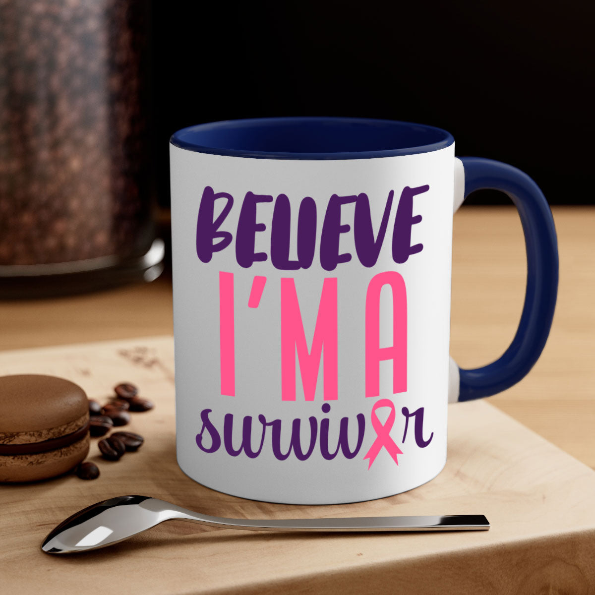 Believe I'm a Survivor Style 16# mug with a two-tone design, featuring a colored handle and glossy finish, available in multiple colors.