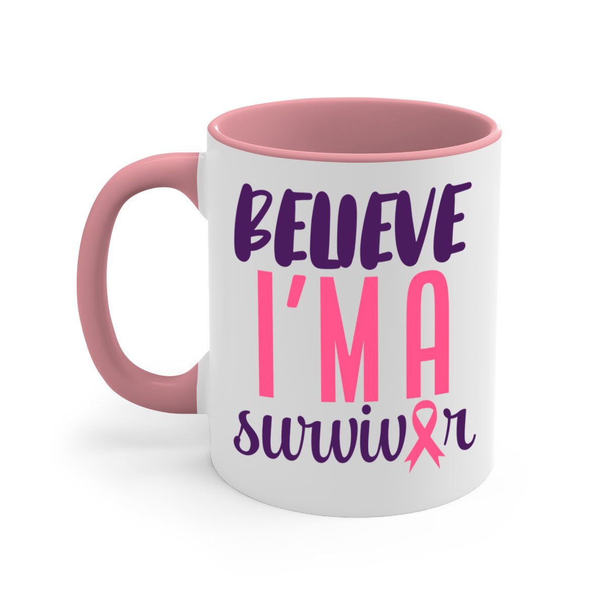 Believe I'm a Survivor Style 16# mug with a two-tone design, featuring a colored handle and glossy finish, available in multiple colors.