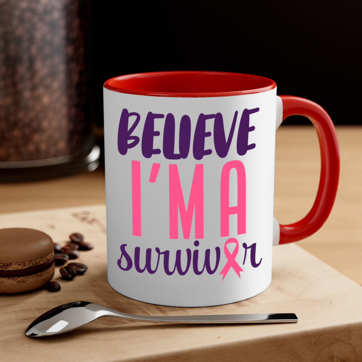 Believe I'm a Survivor Style 16# mug with a two-tone design, featuring a colored handle and glossy finish, available in multiple colors.