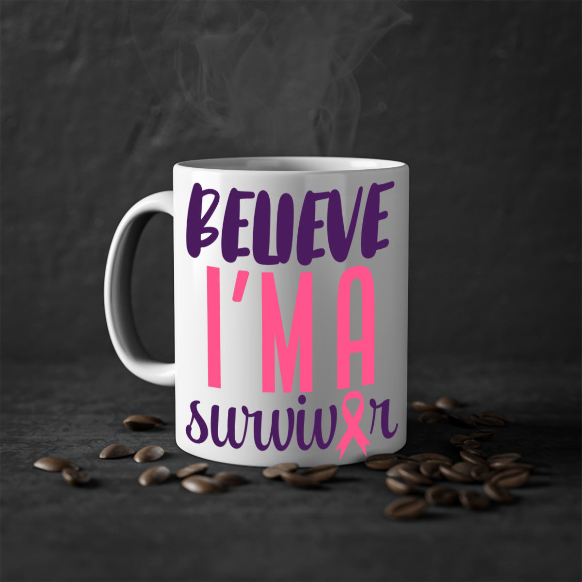 Believe I'm a Survivor Style 16# mug with a two-tone design, featuring a colored handle and glossy finish, available in multiple colors.