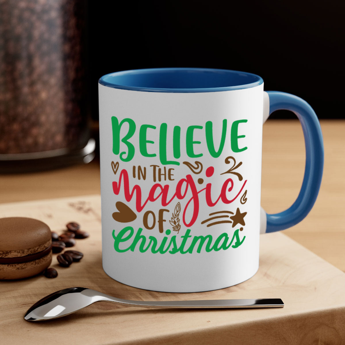 Believe in the Magic Christmas Mug featuring a two-tone design with a colored handle and glossy finish, perfect for coffee and tea.