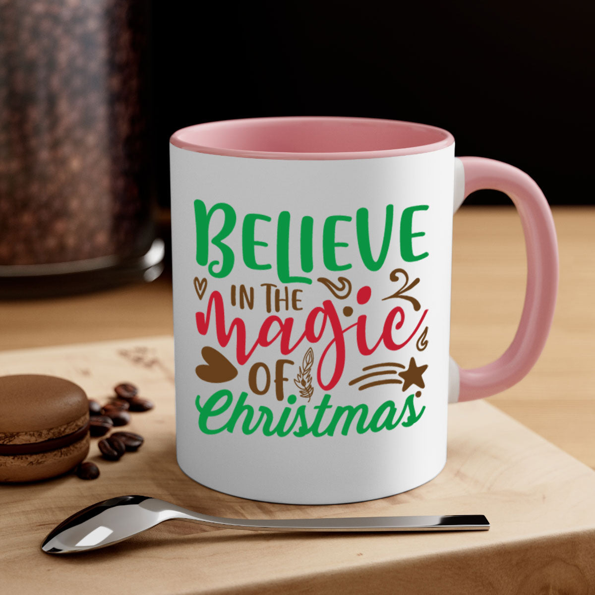 Believe in the Magic Christmas Mug featuring a two-tone design with a colored handle and glossy finish, perfect for coffee and tea.