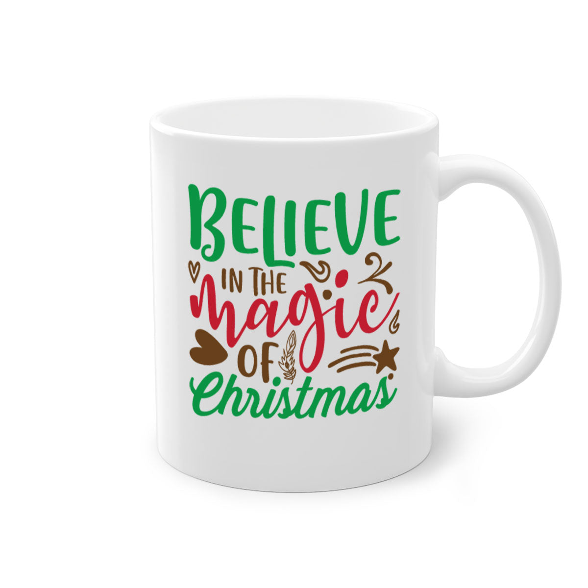 Believe in the Magic Christmas Mug featuring a two-tone design with a colored handle and glossy finish, perfect for coffee and tea.