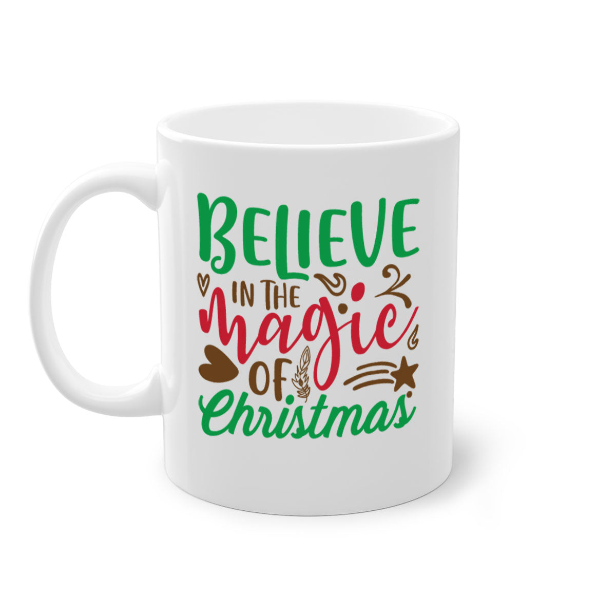 Believe in the Magic Christmas Mug featuring a two-tone design with a colored handle and glossy finish, perfect for coffee and tea.