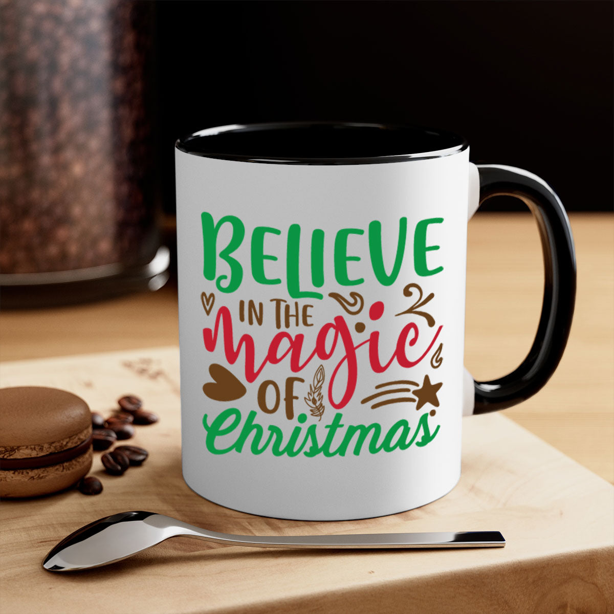 Believe in the Magic Christmas Mug featuring a two-tone design with a colored handle and glossy finish, perfect for coffee and tea.