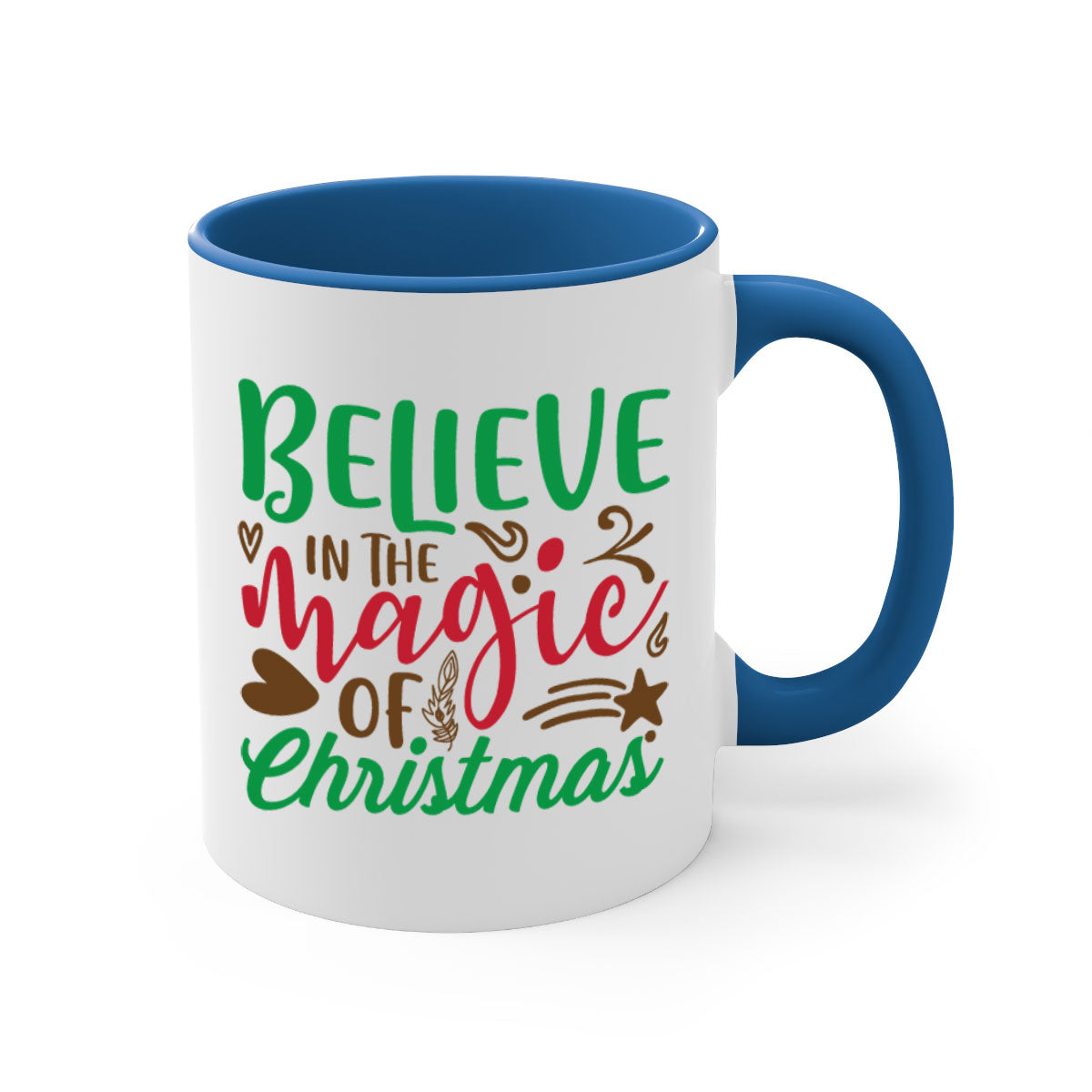 Believe in the Magic Christmas Mug featuring a two-tone design with a colored handle and glossy finish, perfect for coffee and tea.