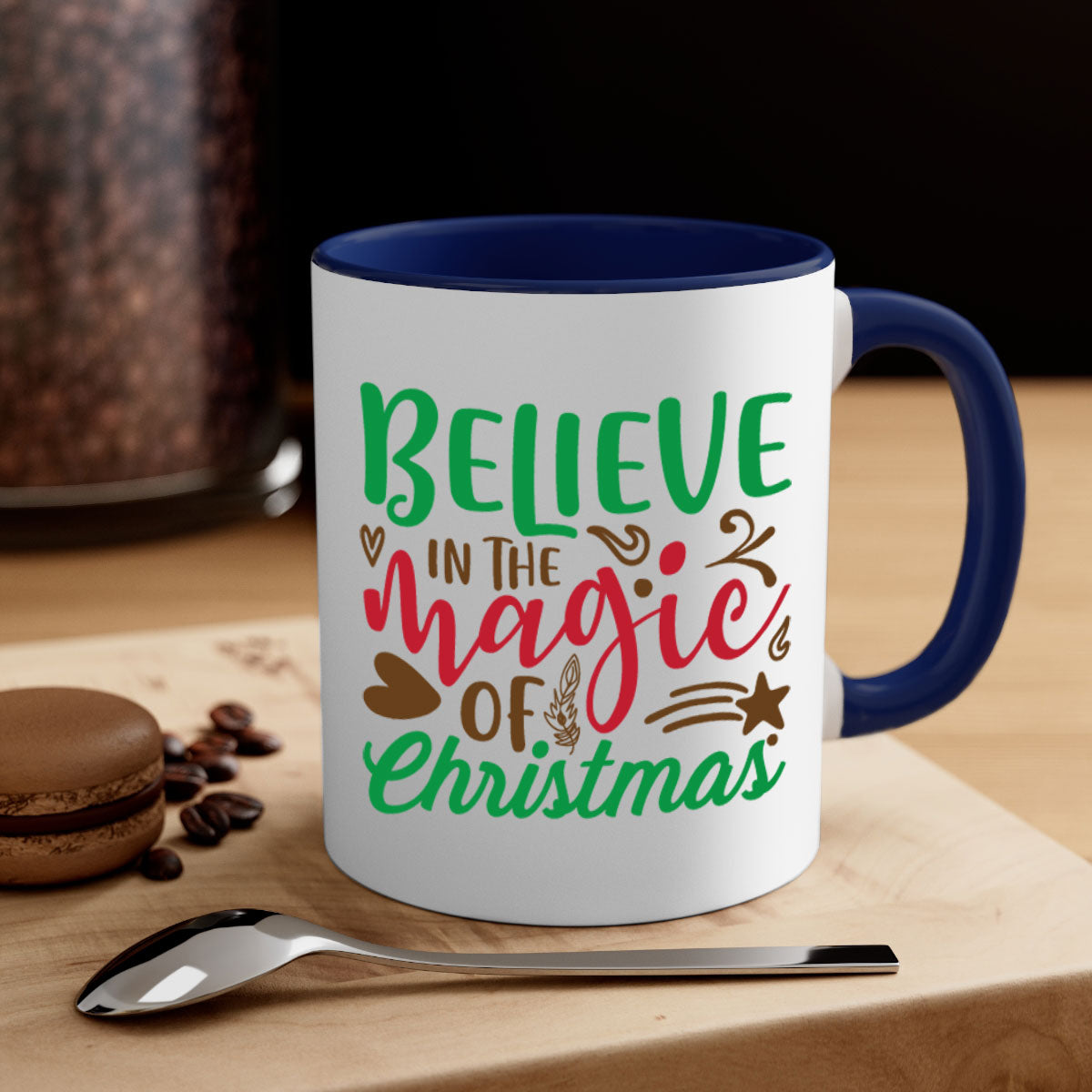 Believe in the Magic Christmas Mug featuring a two-tone design with a colored handle and glossy finish, perfect for coffee and tea.