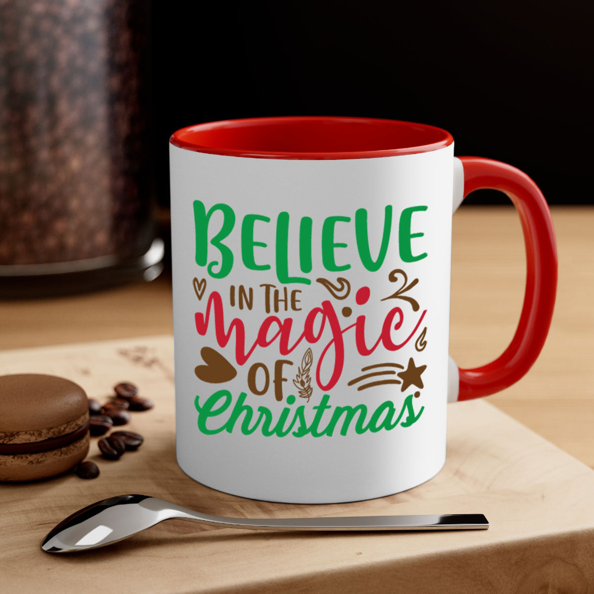 Believe in the Magic Christmas Mug featuring a two-tone design with a colored handle and glossy finish, perfect for coffee and tea.