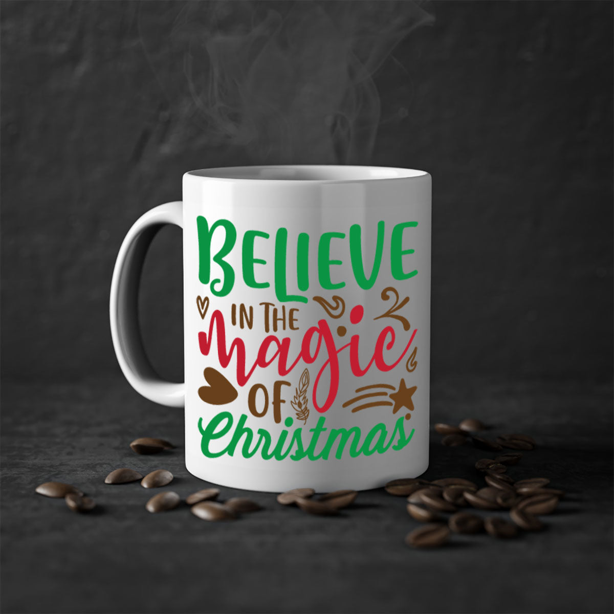 Believe in the Magic Christmas Mug featuring a two-tone design with a colored handle and glossy finish, perfect for coffee and tea.