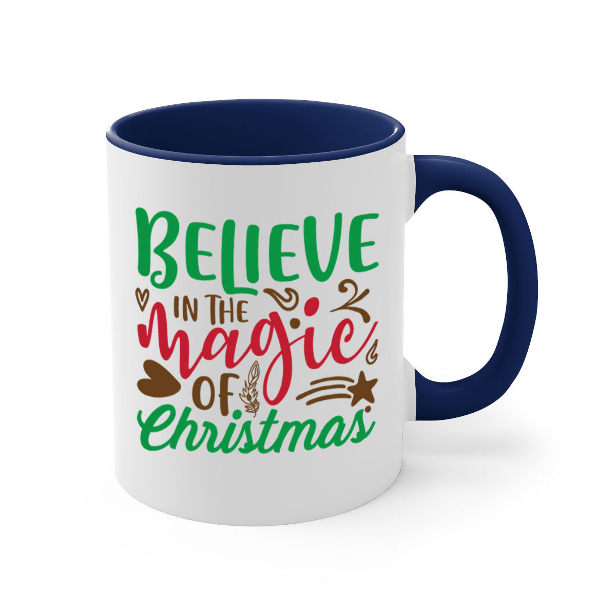 Believe in the Magic Christmas Mug featuring a two-tone design with a colored handle and glossy finish, perfect for coffee and tea.