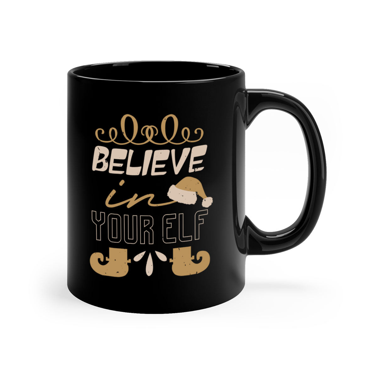 Believe in Your Elf Christmas Mug with colorful handle and glossy finish, available in multiple colors and sizes.