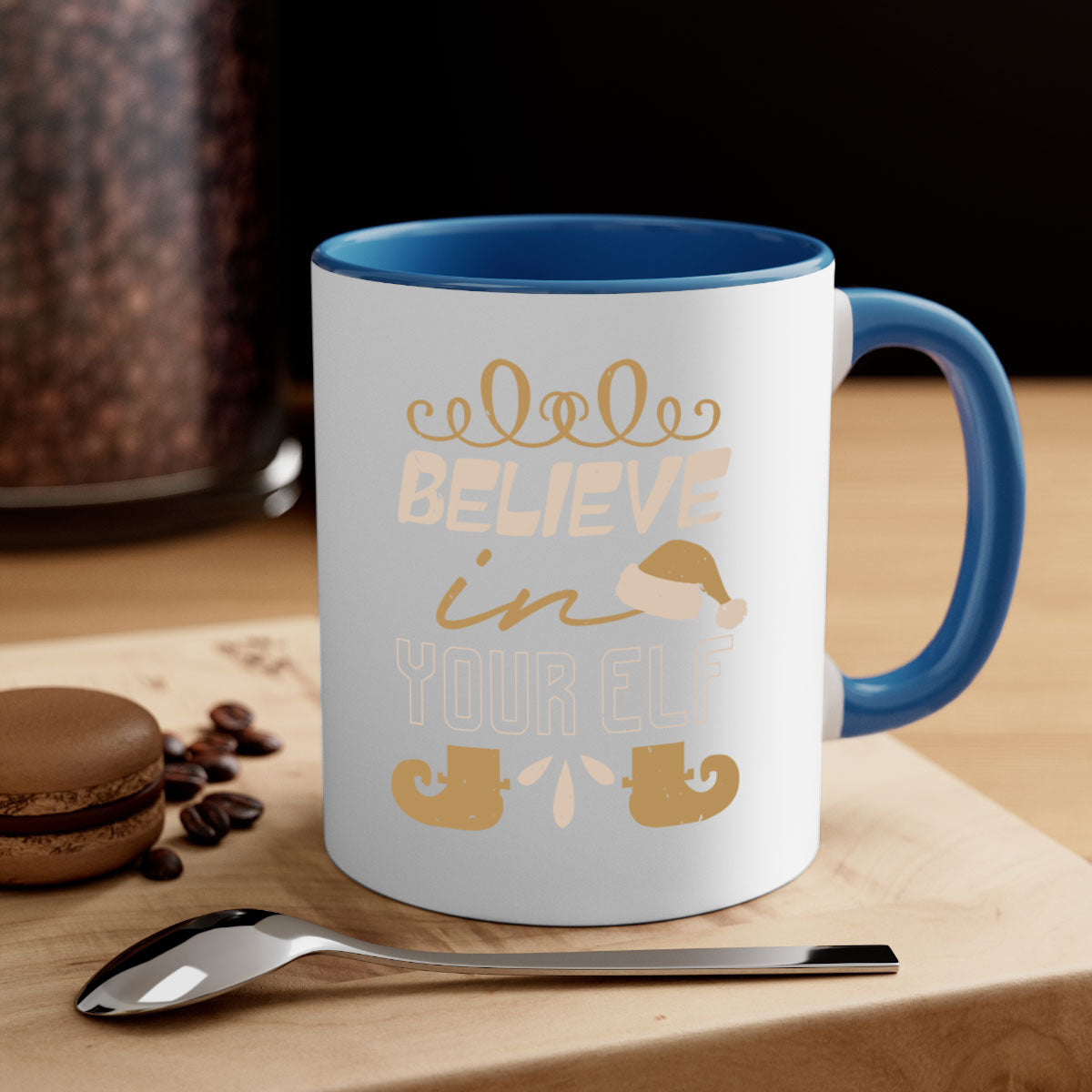 Believe in Your Elf Christmas Mug with colorful handle and glossy finish, available in multiple colors and sizes.