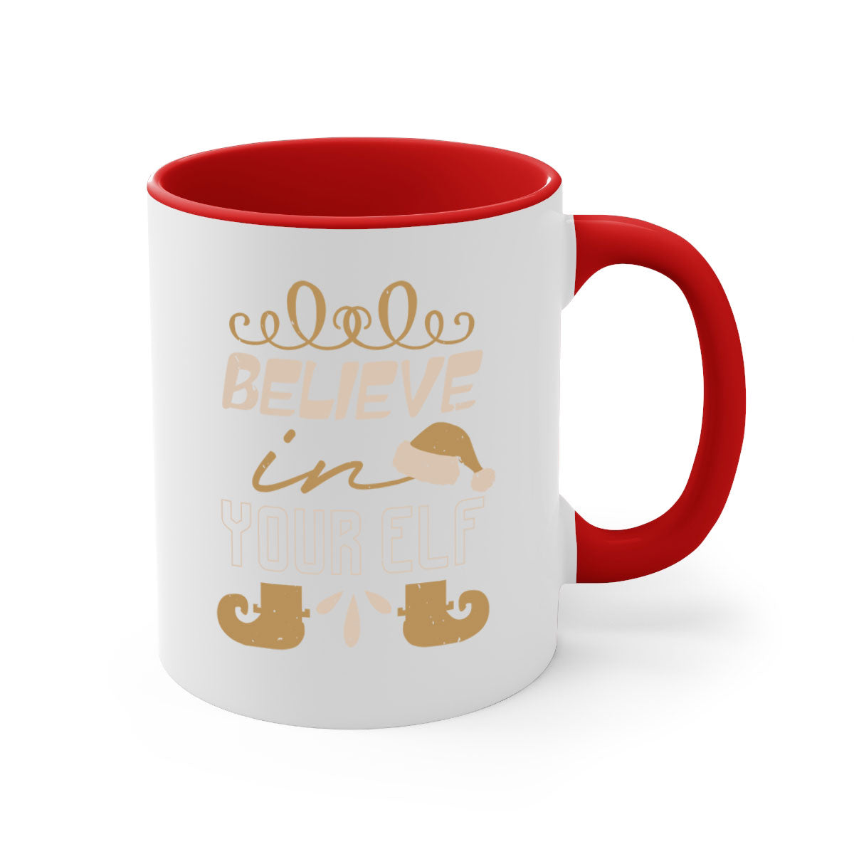 Believe in Your Elf Christmas Mug with colorful handle and glossy finish, available in multiple colors and sizes.