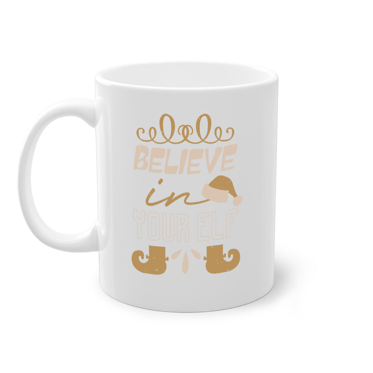 Believe in Your Elf Christmas Mug with colorful handle and glossy finish, available in multiple colors and sizes.