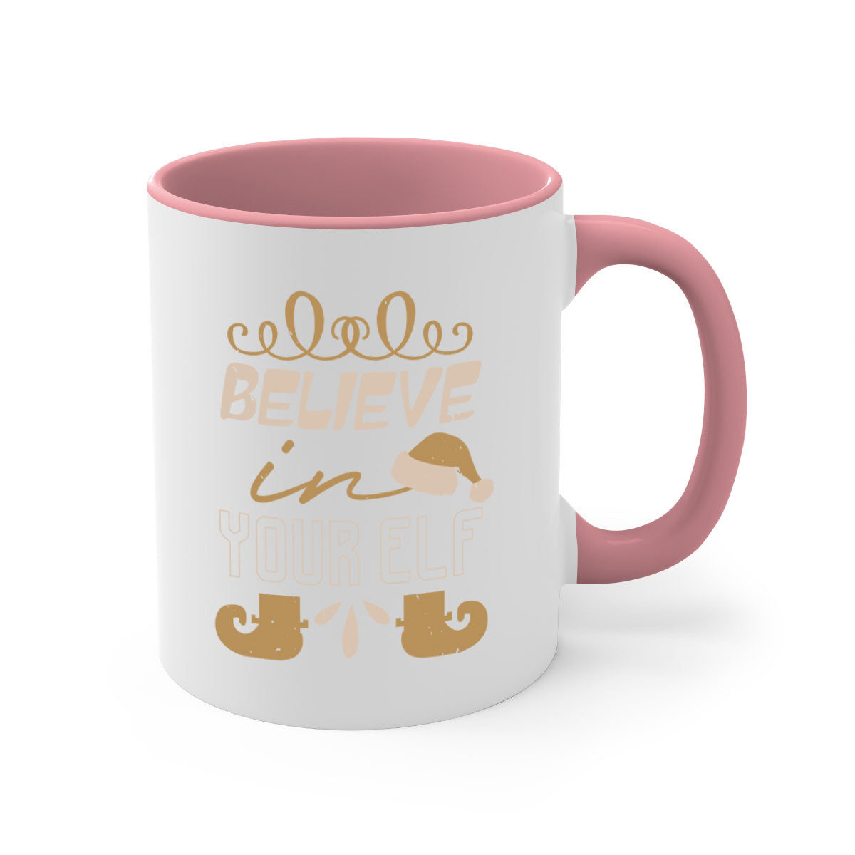 Believe in Your Elf Christmas Mug with colorful handle and glossy finish, available in multiple colors and sizes.