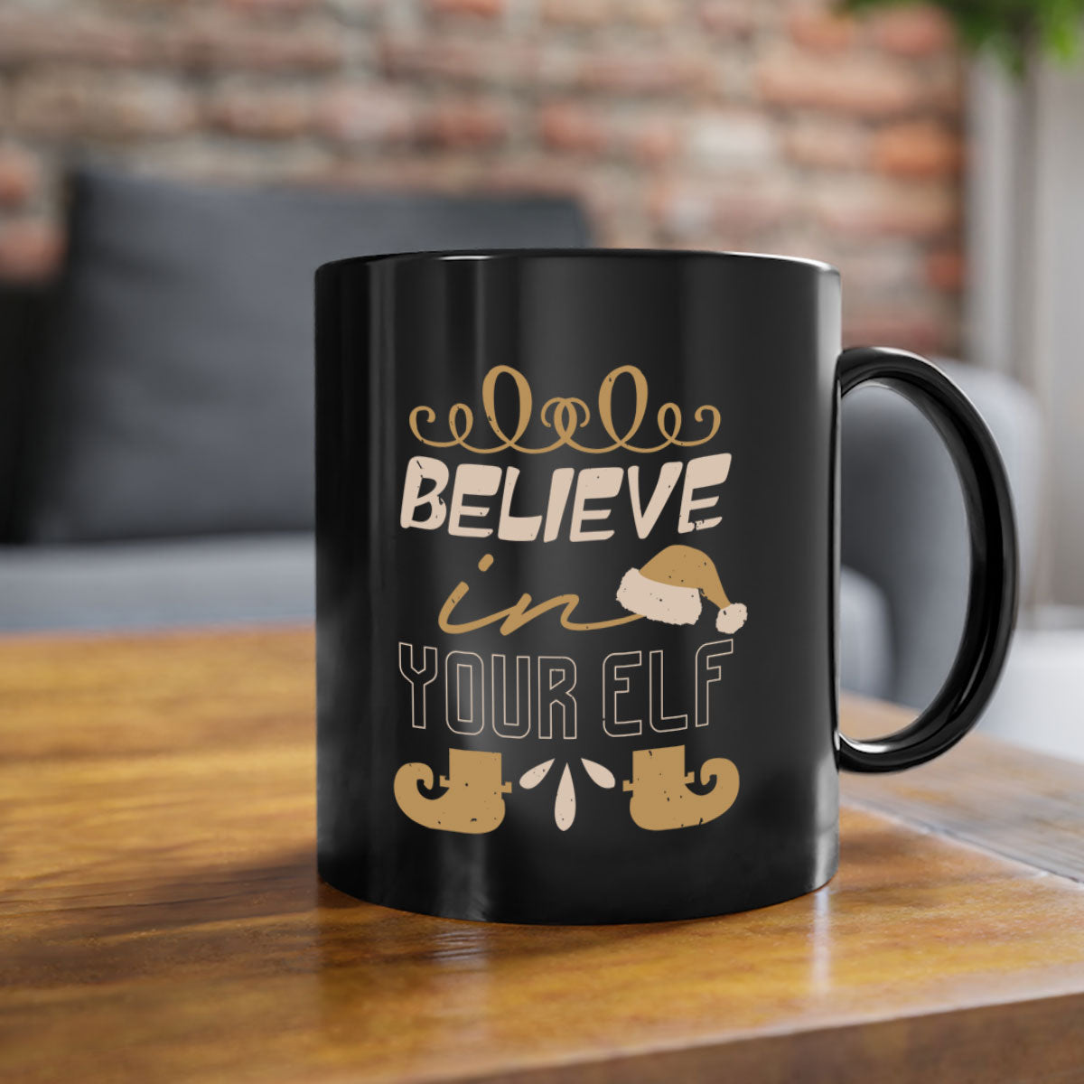 Believe in Your Elf Christmas Mug with colorful handle and glossy finish, available in multiple colors and sizes.