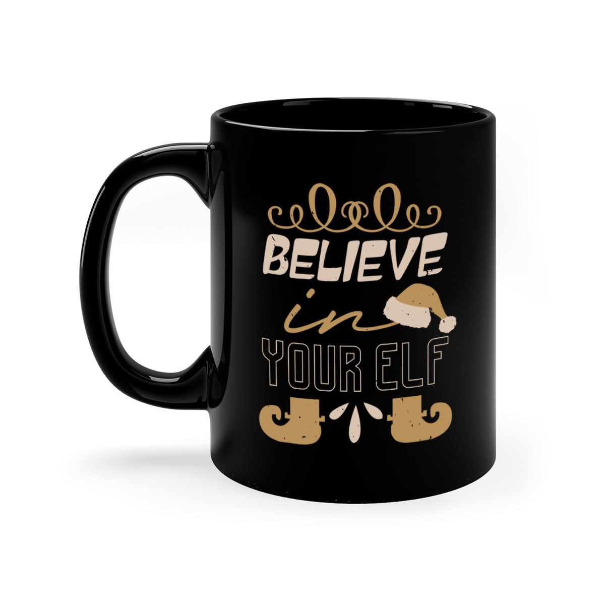 Believe in Your Elf Christmas Mug with colorful handle and glossy finish, available in multiple colors and sizes.