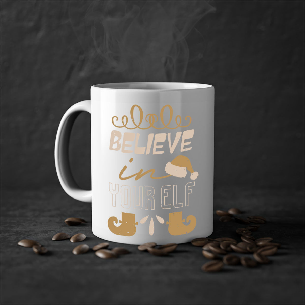 Believe in Your Elf Christmas Mug with colorful handle and glossy finish, available in multiple colors and sizes.