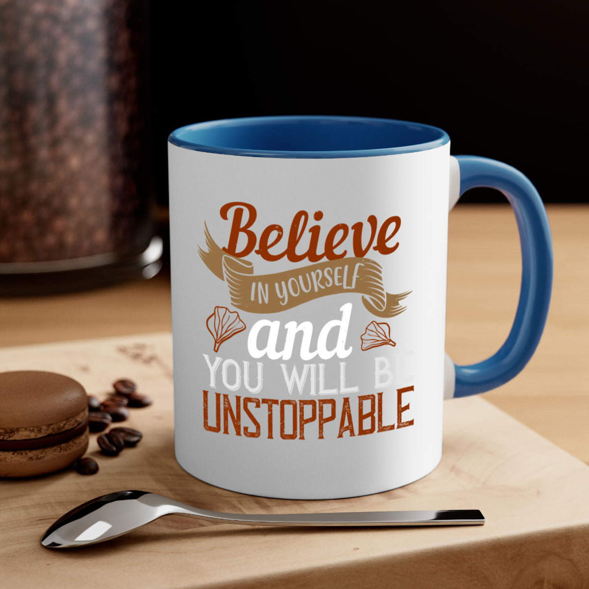 A stylish two-tone ceramic mug with a motivational quote, featuring a colored handle and glossy finish, available in multiple colors.