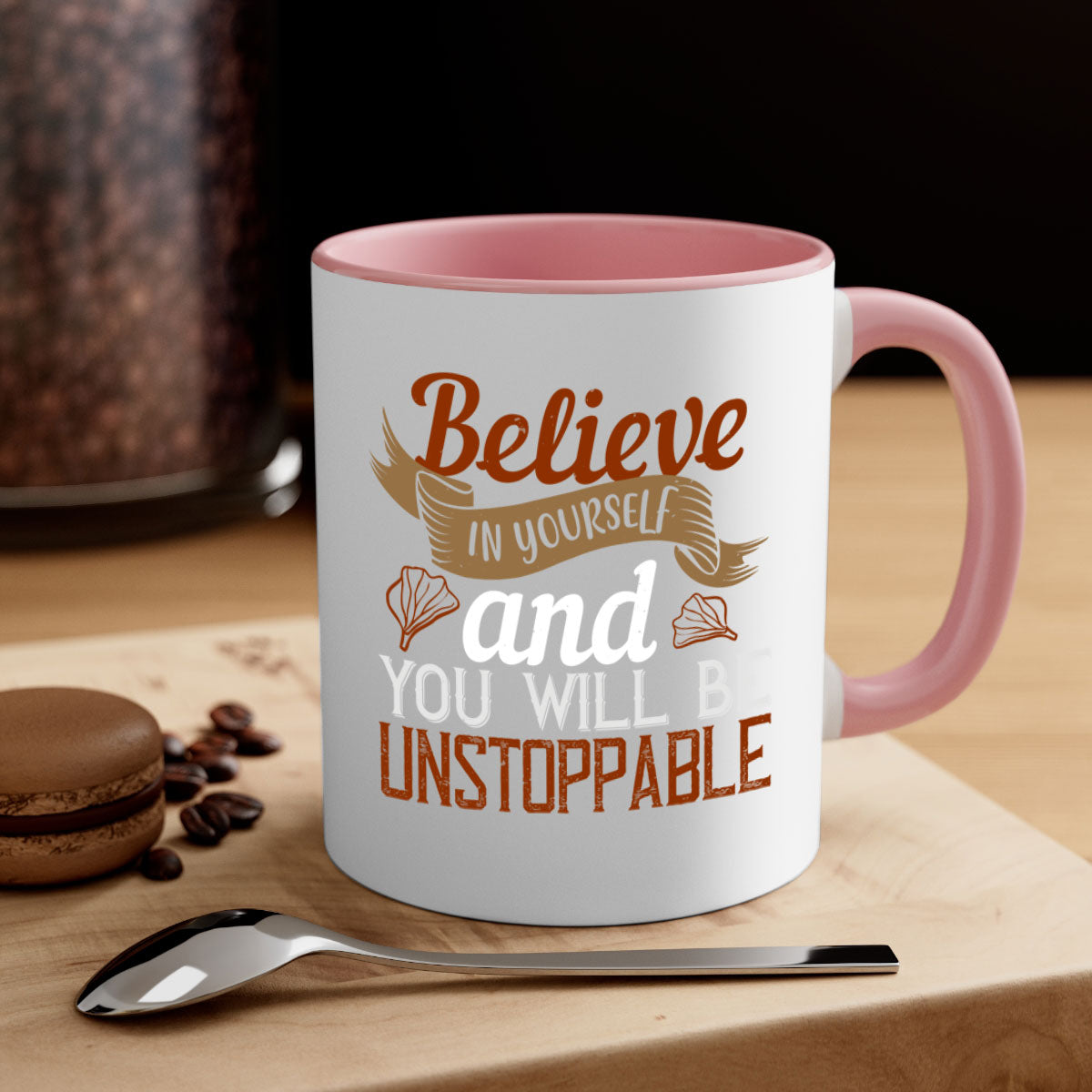 A stylish two-tone ceramic mug with a motivational quote, featuring a colored handle and glossy finish, available in multiple colors.