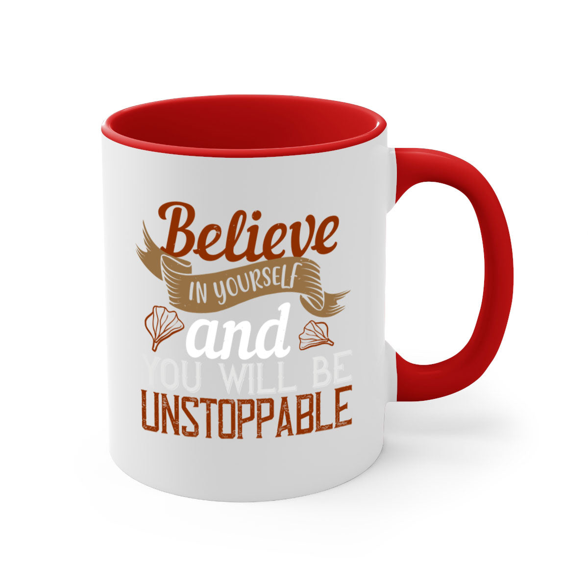 A stylish two-tone ceramic mug with a motivational quote, featuring a colored handle and glossy finish, available in multiple colors.