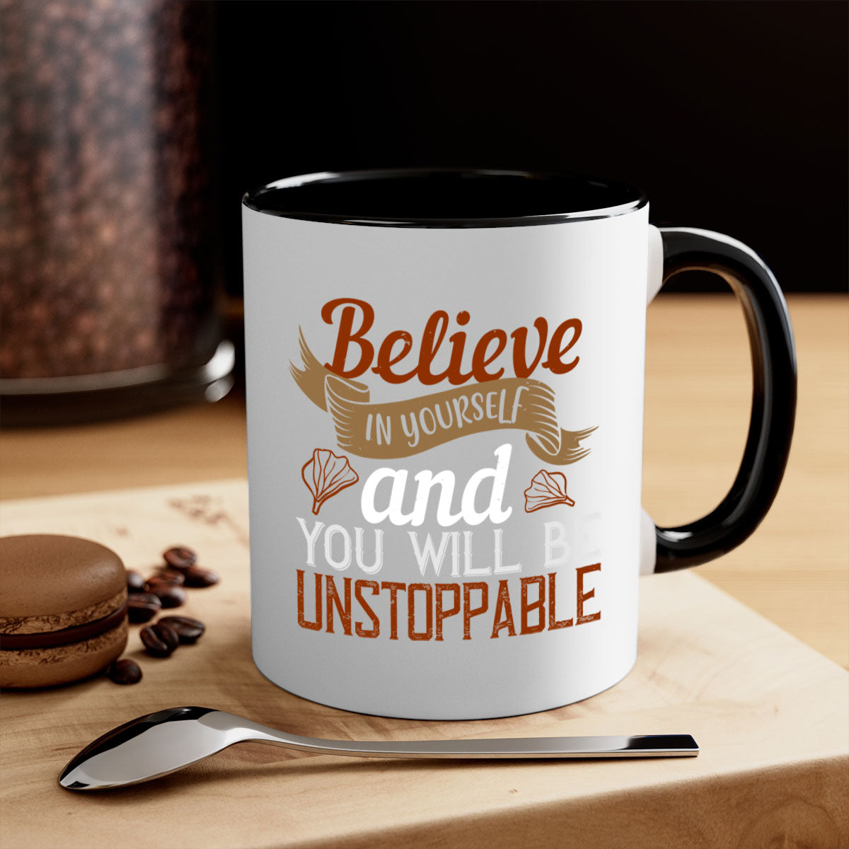 A stylish two-tone ceramic mug with a motivational quote, featuring a colored handle and glossy finish, available in multiple colors.