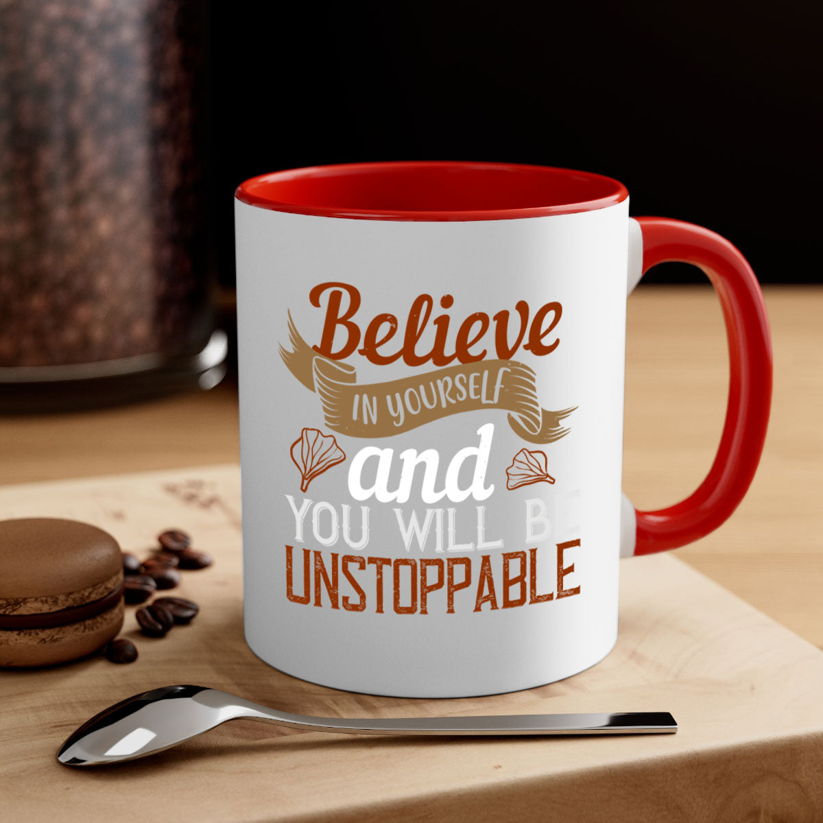 A stylish two-tone ceramic mug with a motivational quote, featuring a colored handle and glossy finish, available in multiple colors.