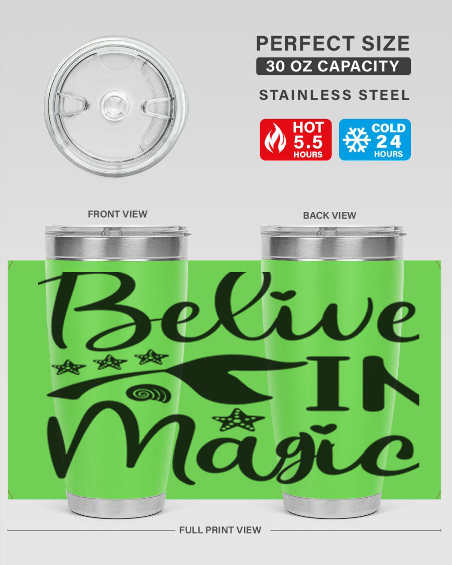 Belive in Magic Design 66# Mermaid Tumbler featuring a vibrant mermaid design, double wall vacuum insulation, and a sleek stainless steel finish.