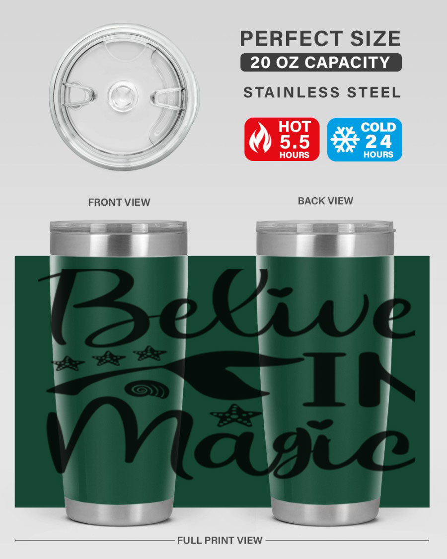 Belive in Magic Design 66# Mermaid Tumbler featuring a vibrant mermaid design, double wall vacuum insulation, and a sleek stainless steel finish.