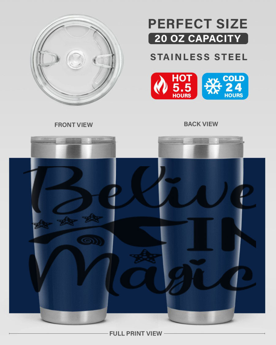 Belive in Magic Design 66# Mermaid Tumbler featuring a vibrant mermaid design, double wall vacuum insulation, and a sleek stainless steel finish.