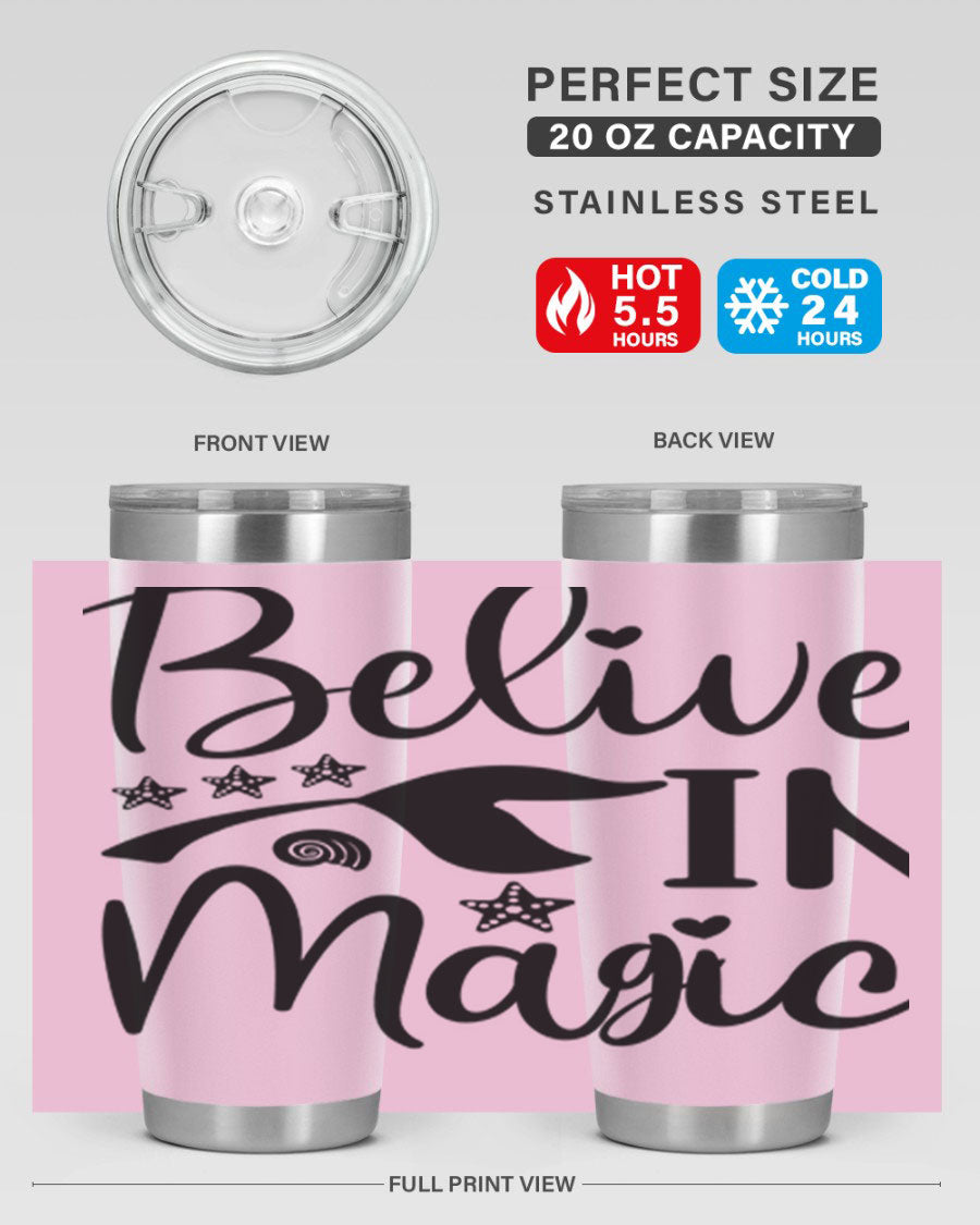 Belive in Magic Design 66# Mermaid Tumbler featuring a vibrant mermaid design, double wall vacuum insulation, and a sleek stainless steel finish.