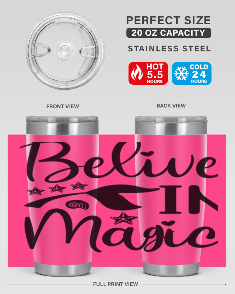 Belive in Magic Design 66# Mermaid Tumbler featuring a vibrant mermaid design, double wall vacuum insulation, and a sleek stainless steel finish.